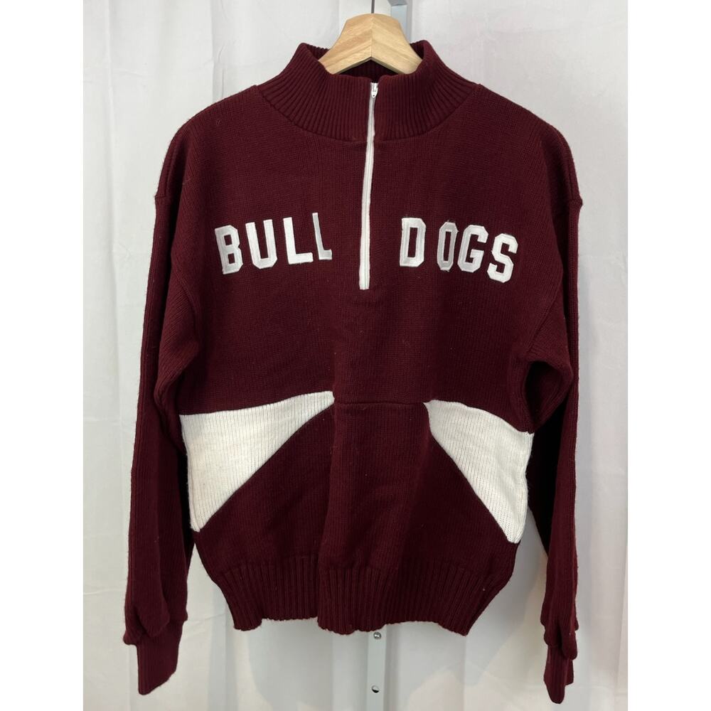 BRISTOL 38 M Vintage Official Award Sweater Prep Bulldogs Zip Neck Maroon White